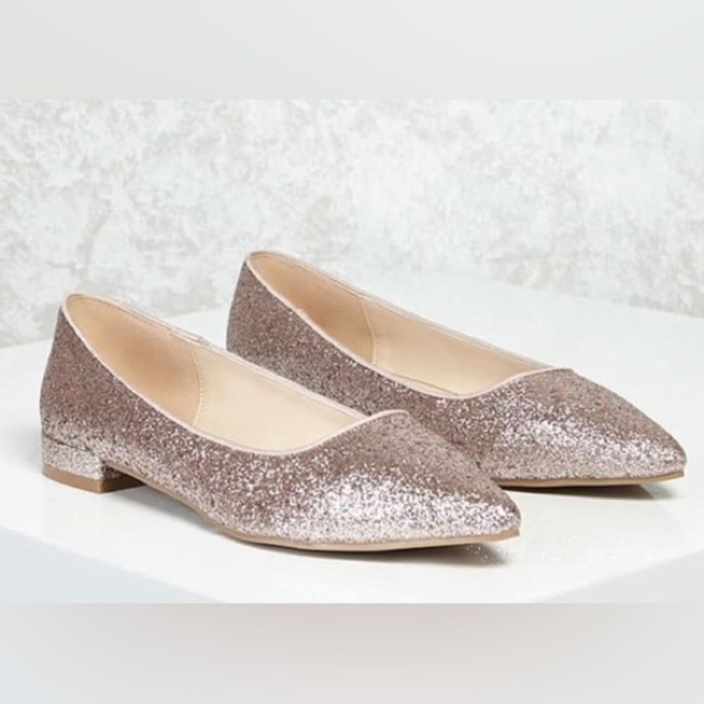 Forever 21 Rose Gold Pink Sparkle Glitter Pointed Toe Flats